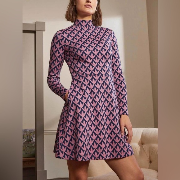BODEN High Neck Jacquard Shift Dress Size‎ 6 Midi Dust Cloud Pink Petal Blue - Picture 1 of 12